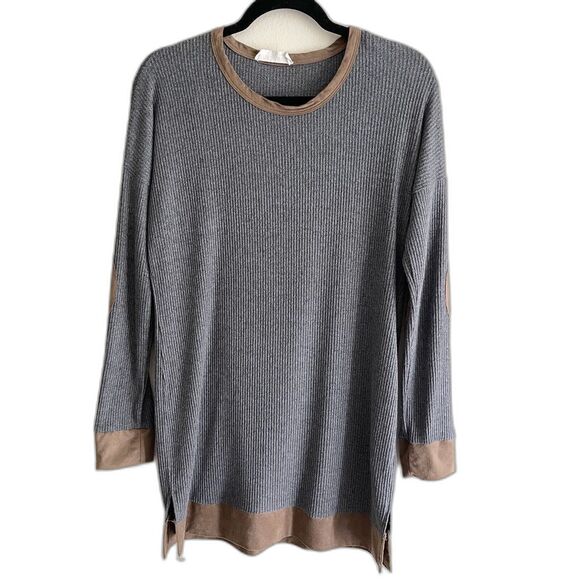 Peach Love Gray Waffle Knit Long Line Shirt S Brown Elbow Patch Soft California - Picture 2 of 10